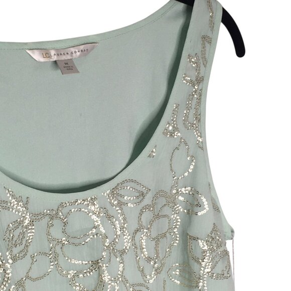 Fairy LC Lauren Conrad Tank Top Women Medium Mint Green Sequin Floral Scoop Neck - Picture 16 of 16